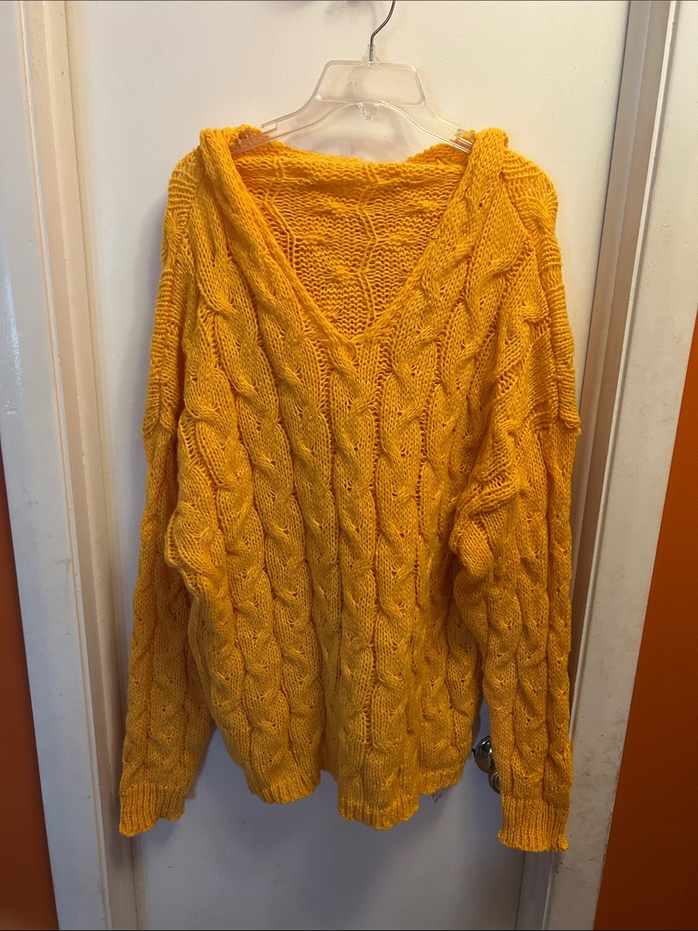 Yellow Cable Knit V-Neck Women's Sweater with hood